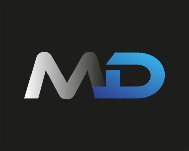 İlk harf MD logotype şirketinin adı mavi ve gümüş rengi desenli. Siyah arkaplanda izole.
