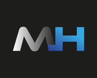 İlk harf MH logotype şirketinin adı mavi ve gümüş rengi desenli. Siyah arkaplanda izole.