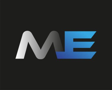 İlk harf ME logotype şirketi adı mavi ve gümüş rengi. Siyah arkaplanda izole.