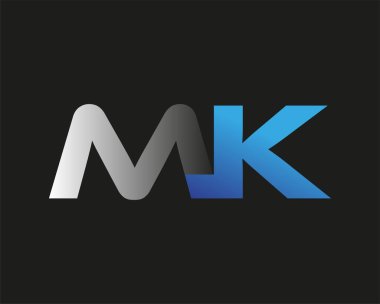 İlk harf MK logotype şirketinin adı mavi ve gümüş rengi desenli. Siyah arkaplanda izole.
