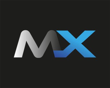 İlk harf MX logotype şirketinin adı mavi ve gümüş rengi desenli. Siyah arkaplanda izole.