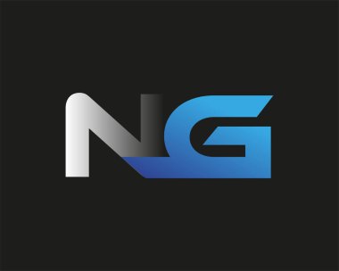 İlk harf NG logotype şirketi adı mavi ve gümüş rengi desenli. Siyah arkaplanda izole.