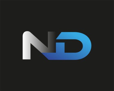 İlk harf ND logotype şirketi adı mavi ve gümüş rengi desenli. Siyah arkaplanda izole.