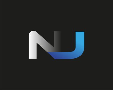İlk harfi NJ logotype şirketinin adı mavi ve gümüş rengi desenli. Siyah arkaplanda izole.