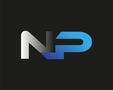 İlk harf NP logotype şirketinin adı mavi ve gümüş rengi desenli. Siyah arkaplanda izole.