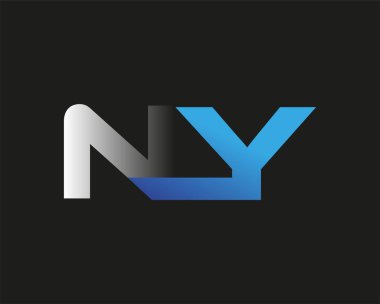 İlk harfi NY logotype şirketinin adı mavi ve gümüş rengi desenli. Siyah arkaplanda izole.
