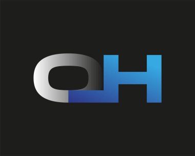 İlk harf OH logotype şirketi adı mavi ve gümüş rengi. Siyah arkaplanda izole.