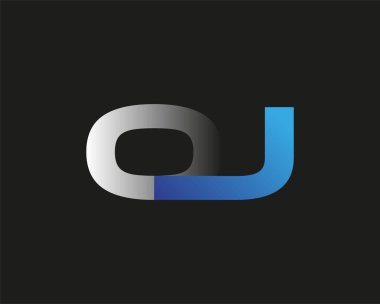 İlk harfi OJ logotype şirketi. Renkli mavi ve gümüş rengi desenli. Siyah arkaplanda izole.