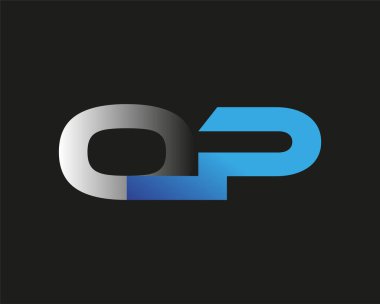 İlk harfi OP logotype şirketinin adı mavi ve gümüş rengi desenli. Siyah arkaplanda izole.