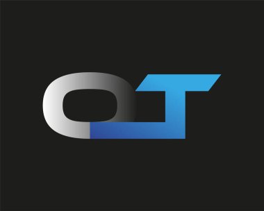 İlk harfi OT logotype şirketinin adı mavi ve gümüş rengi. Siyah arkaplanda izole.