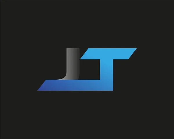 最初的字母Jt标志公司的名称有色蓝色和银色Swoosh设计 在黑色背景上隔离 — 图库矢量图片