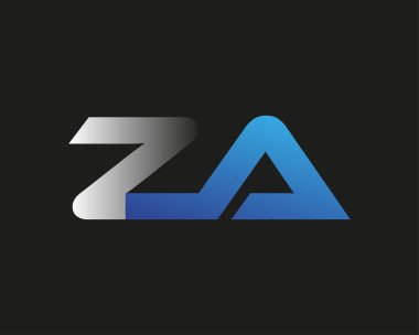 İlk harf ZA logotype şirketinin adı mavi ve gümüş rengi desenli. Siyah arkaplanda izole.