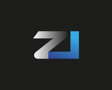 İlk harf ZI logotype şirket adı mavi ve gümüş rengi. Siyah arkaplanda izole.