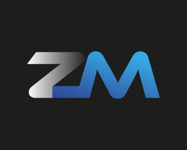 İlk harf ZM logotype şirketinin adı mavi ve gümüş rengi desenli. Siyah arkaplanda izole.