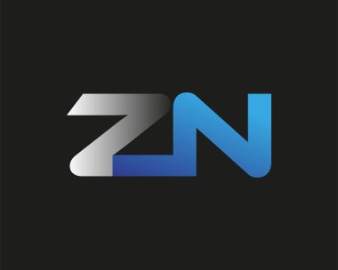 İlk harf ZN logotype şirketinin adı mavi ve gümüş rengi desenli. Siyah arkaplanda izole.