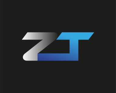 İlk harf ZT logotype şirketinin adı mavi ve gümüş rengi desenli. Siyah arkaplanda izole.