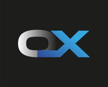 İlk harf OX logotype şirketi adı mavi ve gümüş rengi. Siyah arkaplanda izole.