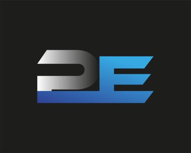 İlk harf PE logotype şirketinin adı mavi ve gümüş rengi desenli. Siyah arkaplanda izole.