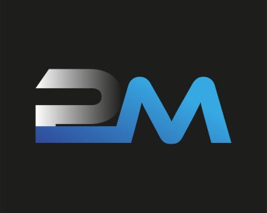 İlk harf PM logotype şirketinin adı mavi ve gümüş rengi desenli. Siyah arkaplanda izole.