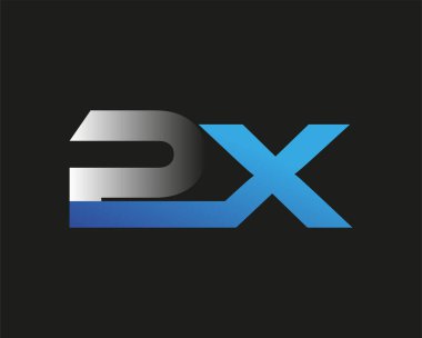 İlk harf PX logotype şirketinin adı mavi ve gümüş rengi desenli. Siyah arkaplanda izole.