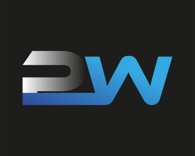 İlk harf PW logotype şirketinin adı mavi ve gümüş rengi desenli. Siyah arkaplanda izole.
