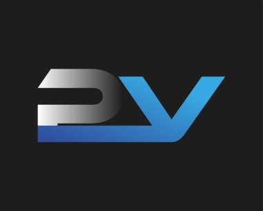 İlk harf PV logotype şirketinin adı mavi ve gümüş rengi desenli. Siyah arkaplanda izole.