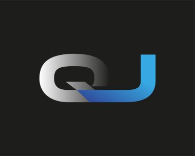 İlk harf QJ logotype şirketinin adı mavi ve gümüş rengi desenli. Siyah arkaplanda izole.