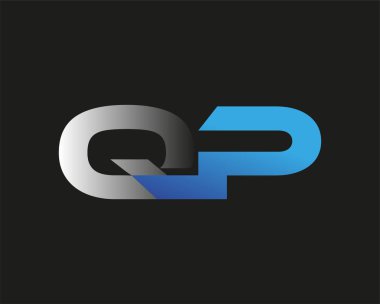 İlk harf QP logotype şirketinin adı mavi ve gümüş rengi desenli. Siyah arkaplanda izole.