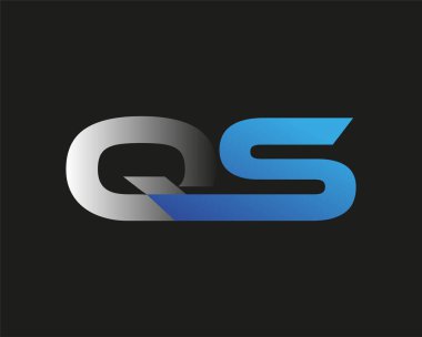 İlk harf QS logotype şirketinin adı mavi ve gümüş rengi desenli. Siyah arkaplanda izole.