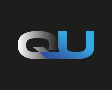 İlk harf QU logotype şirketinin adı mavi ve gümüş rengi desenli. Siyah arkaplanda izole.