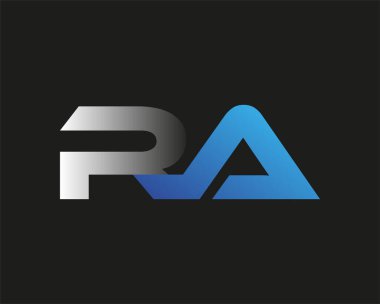 İlk harf RA logotype şirketinin adı mavi ve gümüş rengi desenli. Siyah arkaplanda izole.