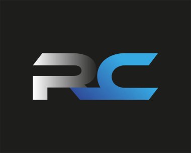 İlk harf RC logotype şirketinin adı mavi ve gümüş rengi desenli. Siyah arkaplanda izole.
