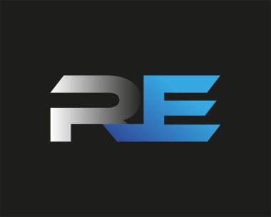 İlk harf RE logotype şirket adı mavi ve gümüş rengi swoosh tasarımı. Siyah arkaplanda izole.