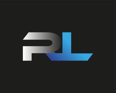 İlk harf RL logotype şirketinin adı mavi ve gümüş rengi desenli. Siyah arkaplanda izole.