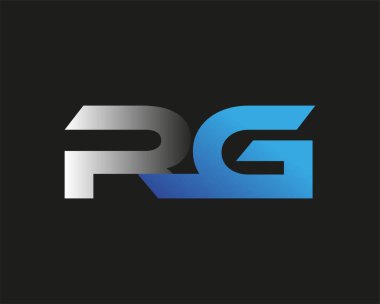 İlk harf RG logotype şirketinin adı mavi ve gümüş rengi desenli. Siyah arkaplanda izole.