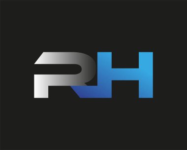 İlk harf RH logotype şirketinin adı mavi ve gümüş rengi desenli. Siyah arkaplanda izole.