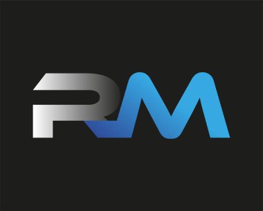 İlk harf RM logotype şirketinin adı mavi ve gümüş rengi desenli. Siyah arkaplanda izole.