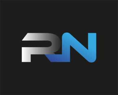 İlk harf RN logotype şirketinin adı mavi ve gümüş rengi desenli. Siyah arkaplanda izole.