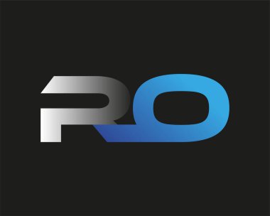 İlk harf RO logotype şirketinin adı mavi ve gümüş rengi desenli. Siyah arkaplanda izole.