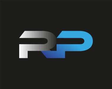 İlk harf RP logotype şirketinin adı mavi ve gümüş rengi desenli. Siyah arkaplanda izole.