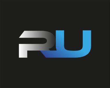 İlk harf RU logotype şirketi adı mavi ve gümüş rengi. Siyah arkaplanda izole.