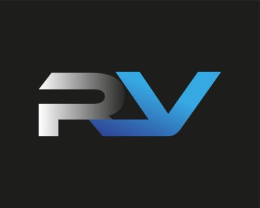 İlk harfi RV logotype şirketi. Renkli mavi ve gümüş rengi desenli. Siyah arkaplanda izole.