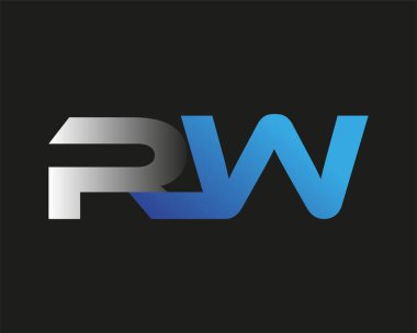 İlk harf RW logotype şirketinin adı mavi ve gümüş rengi desenli. Siyah arkaplanda izole.