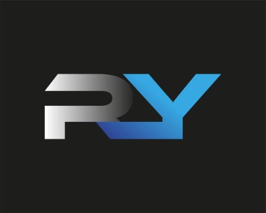 İlk harf RY logotype şirketinin adı mavi ve gümüş rengi desenli. Siyah arkaplanda izole.