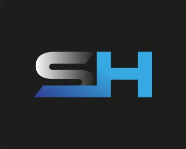 İlk harf SH logotype şirketi adı mavi ve gümüş rengi. Siyah arkaplanda izole.