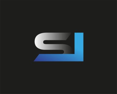 İlk harf SI logotype şirket adı mavi ve gümüş rengi. Siyah arkaplanda izole.