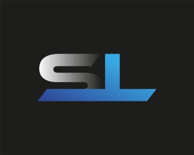 İlk harf SL logotype şirket adı mavi ve gümüş rengi Swoosh tasarımı. Siyah arkaplanda izole.