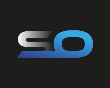 İlk harf so logotype şirket adı mavi ve gümüş rengi swoosh tasarımı. Siyah arkaplanda izole.