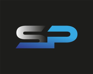 İlk harf SP logotype şirketinin adı mavi ve gümüş rengi desenli. Siyah arkaplanda izole.