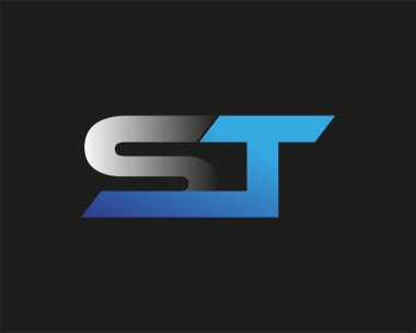 İlk harf ST logotype şirket adı mavi ve gümüş rengi. Siyah arkaplanda izole.